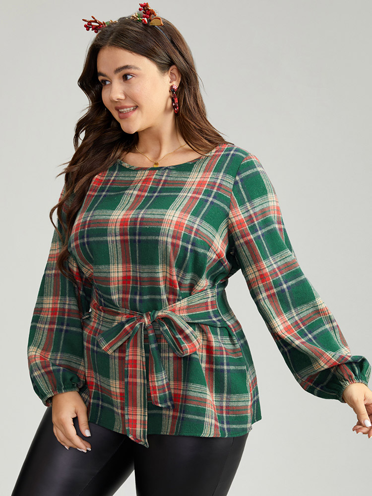 

Plus Size DarkGreen Christmas Plaid Ties Lantern Sleeve Blouse Women Elegant Long Sleeve Round Neck Festival-Christmas Blouses BloomChic