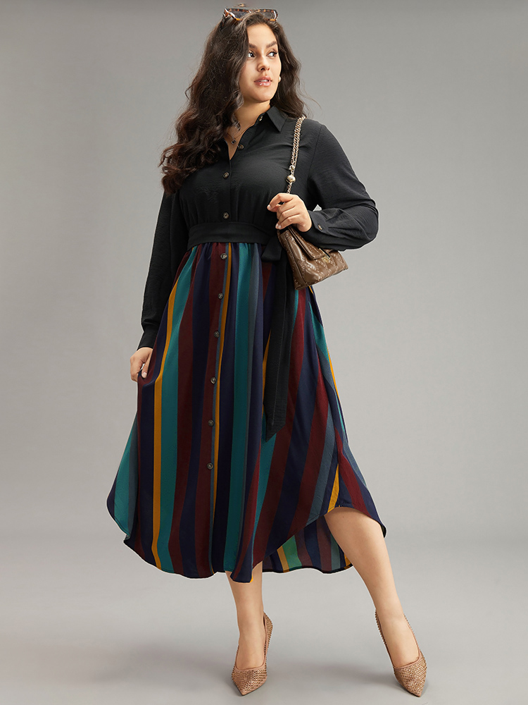 

Plus Size Colour Striped Patchwork Belted Button Through Dress Scarlet Women Office Belted Shirt collar Long Sleeve Curvy Midi Dress BloomChic