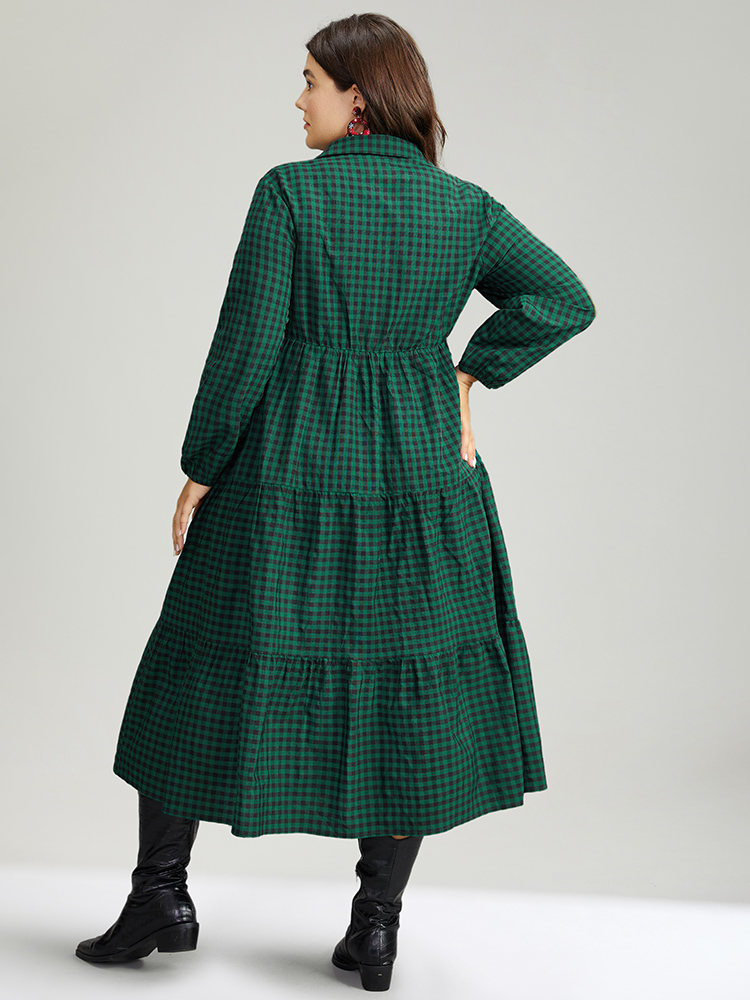 

Plus Size Gingham Pocket Button Up Elastic Waist Dress DarkGreen Women Casual Elastic cuffs Shirt collar Long Sleeve Curvy Midi Dress BloomChic