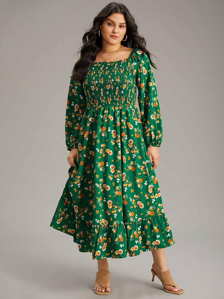 

Plus Size Floral Print Shirred Elastic Cuffs Dress DarkGreen Women Elegant Elastic cuffs Square Neck Long Sleeve Curvy Midi Dress BloomChic