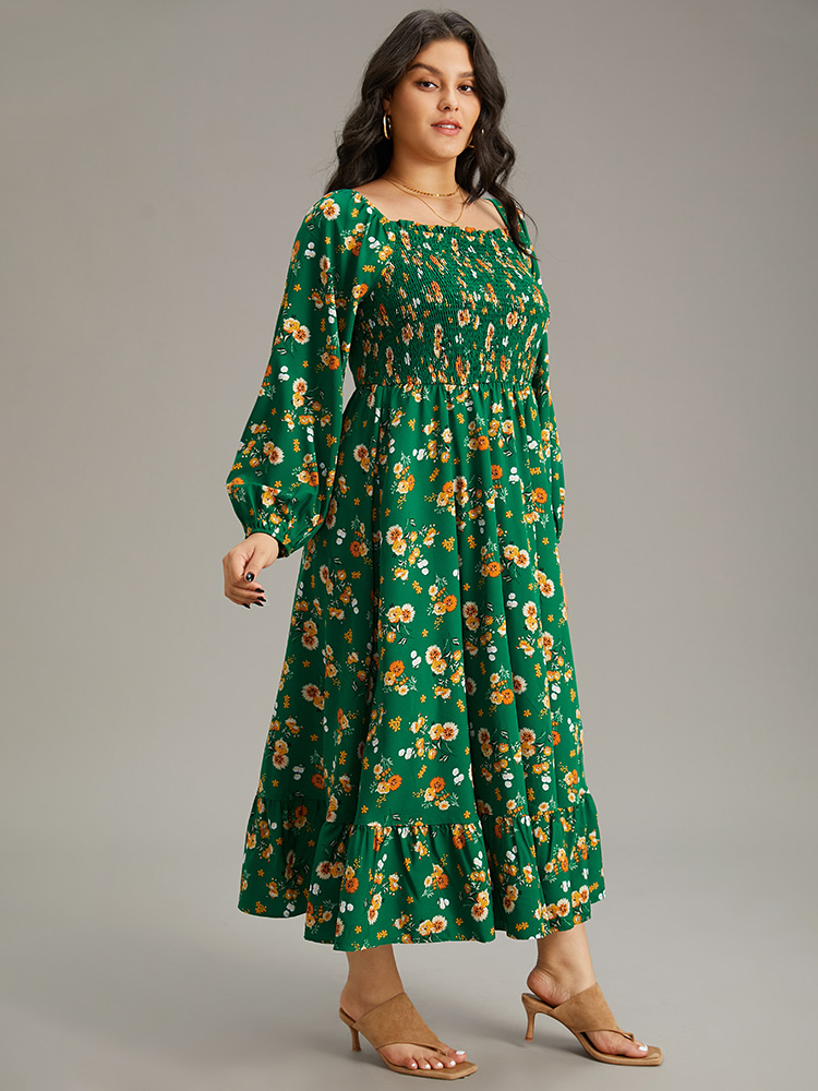 

Plus Size Floral Print Shirred Elastic Cuffs Dress DarkGreen Women Elegant Elastic cuffs Square Neck Long Sleeve Curvy Midi Dress BloomChic