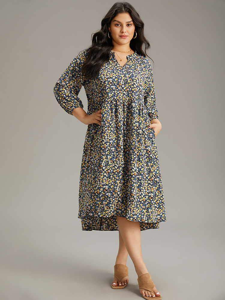 

Plus Size Ditsy Floral Pocket Lantern Sleeve Ruffle Hem Dress Midnight Women Vacation Elastic cuffs Notched collar Elbow-length sleeve Curvy Midi Dress BloomChic