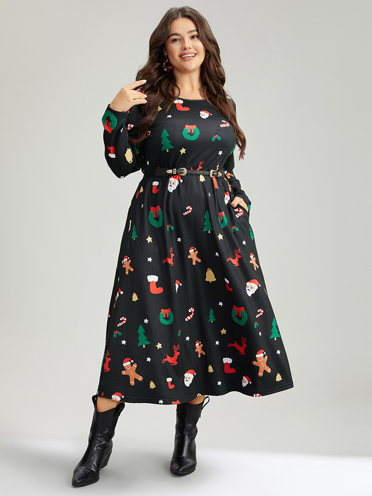 

Plus Size Christmas Print Pocket Elastic Waist Dress Multicolor Women Casual Printed Round Neck Long Sleeve Curvy Midi Dress BloomChic