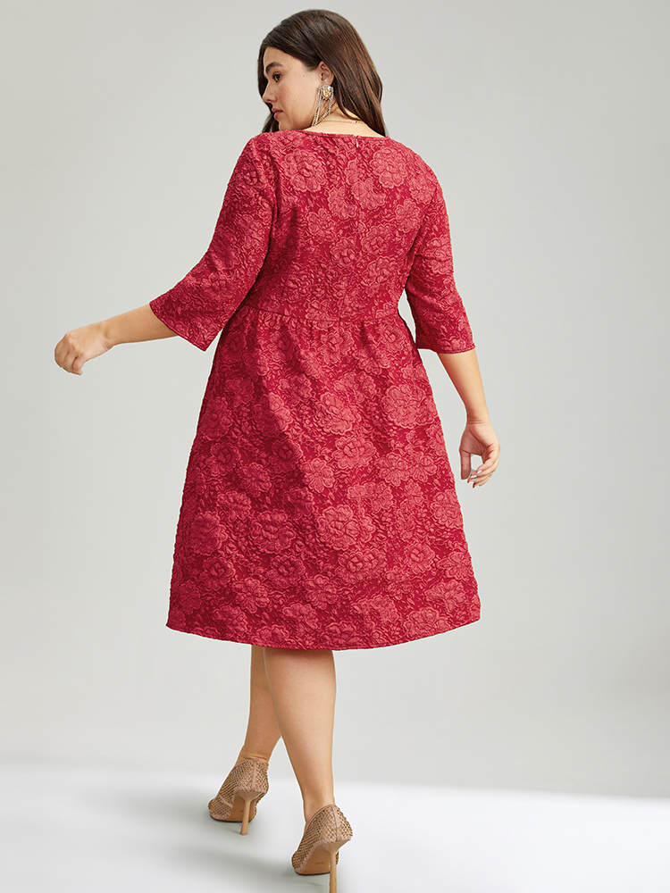 Plus Size Plain Textured Square Neck Pocket Dress Raspberry Women Party Texture Square Neck Elbow-length sleeve Curvy Knee Dress BloomChic 12/L 