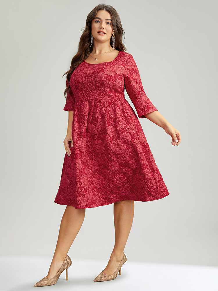 Plus Size Plain Textured Square Neck Pocket Dress Raspberry Women Party Texture Square Neck Elbow-length sleeve Curvy Knee Dress BloomChic 12/L 