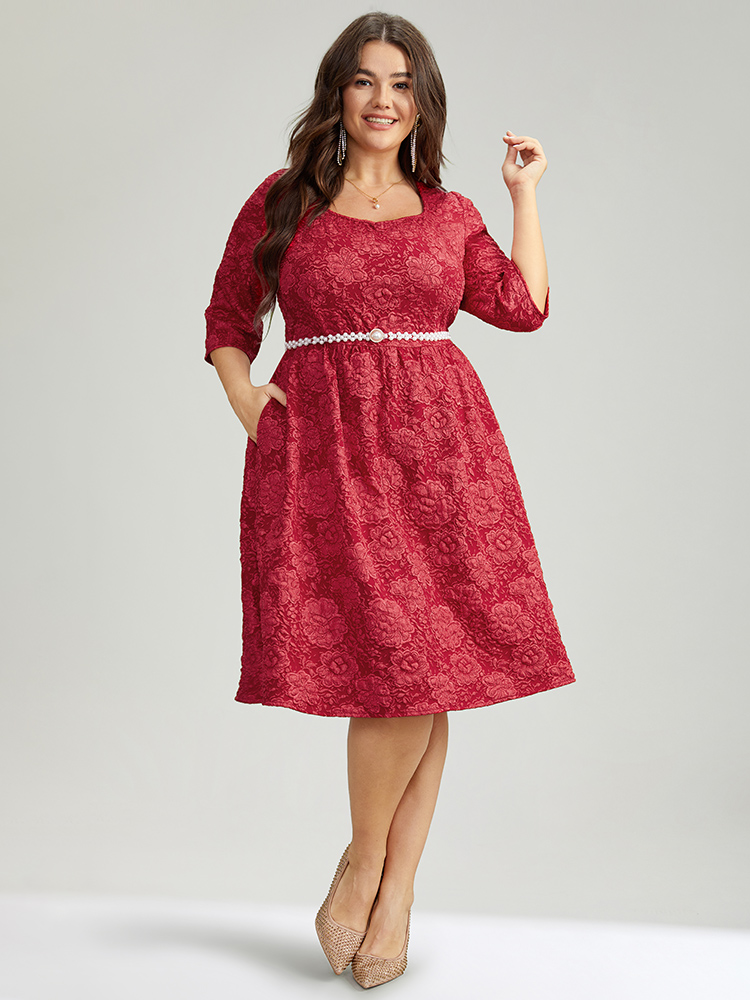 Plus Size Plain Textured Square Neck Pocket Dress Raspberry Women Party Texture Square Neck Elbow-length sleeve Curvy Knee Dress BloomChic 12/L 
