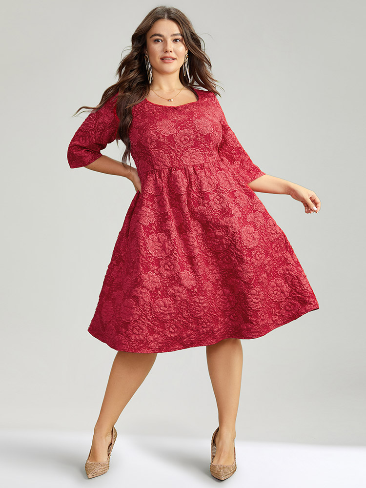 Plus Size Plain Textured Square Neck Pocket Dress Raspberry Women Party Texture Square Neck Elbow-length sleeve Curvy Knee Dress BloomChic 12/L 