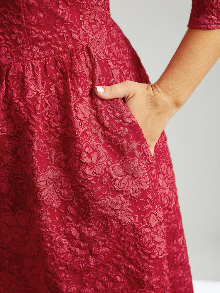 Plus Size Plain Textured Square Neck Pocket Dress Raspberry Women Party Texture Square Neck Elbow-length sleeve Curvy Knee Dress BloomChic 12/L 