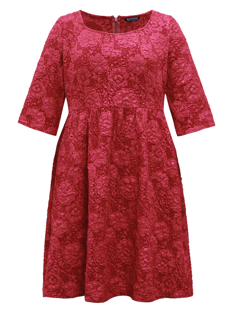 Plus Size Plain Textured Square Neck Pocket Dress Raspberry Women Party Texture Square Neck Elbow-length sleeve Curvy Knee Dress BloomChic 12/L 