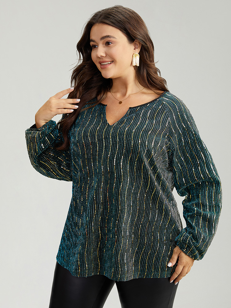 Plus Size Women Festival-Christmas Plain Lantern Sleeve Long Sleeve Notched collar Party Blouses BloomChic 