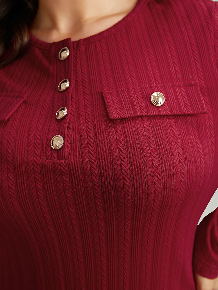 

Plus Size Solid Textured Metal Detail Dress Scarlet Women Texture Round Neck Long Sleeve Curvy Midi Dress BloomChic