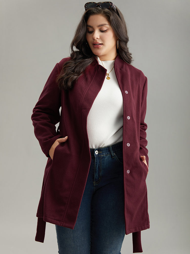 

Plus Size Solid Button Fly Stand Collar Belted Pocket Coat Women Burgundy Casual Plain Ladies Everyday Winter Coats BloomChic
