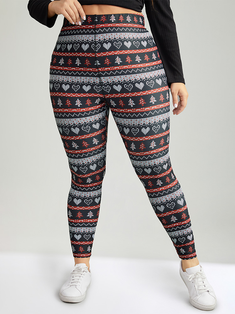 

Plus Size Christmas Print Mid Rise Skinny Leggings Women BlackFlower Casual High stretch Skinny Mid Rise Festival-Christmas Leggings BloomChic