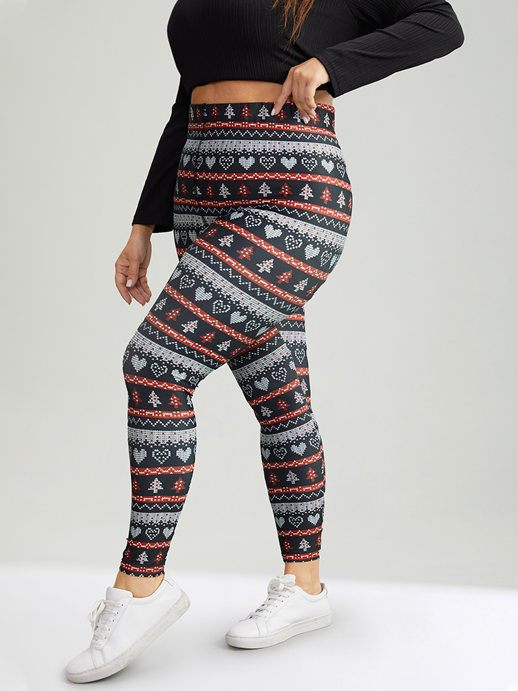 Plus Size Christmas Print Mid Rise Skinny Leggings Women BlackFlower Casual High stretch Skinny Mid Rise Festival-Christmas Leggings BloomChic 14-16/1X 