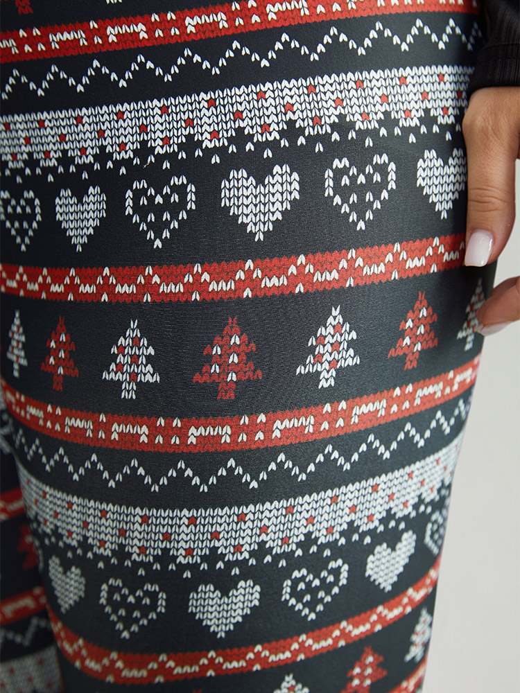 Plus Size Christmas Print Mid Rise Skinny Leggings Women BlackFlower Casual High stretch Skinny Mid Rise Festival-Christmas Leggings BloomChic 14-16/1X 