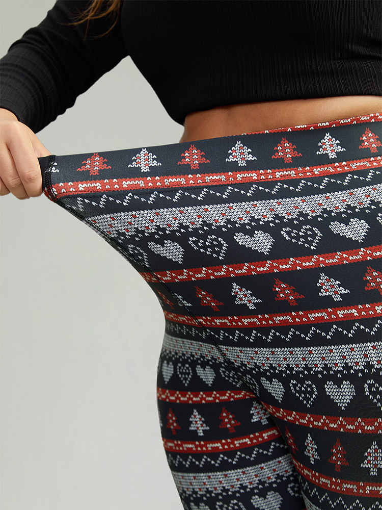 Plus Size Christmas Print Mid Rise Skinny Leggings Women BlackFlower Casual High stretch Skinny Mid Rise Festival-Christmas Leggings BloomChic 14-16/1X 