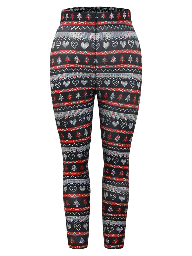 Plus Size Christmas Print Mid Rise Skinny Leggings Women BlackFlower Casual High stretch Skinny Mid Rise Festival-Christmas Leggings BloomChic 14-16/1X 