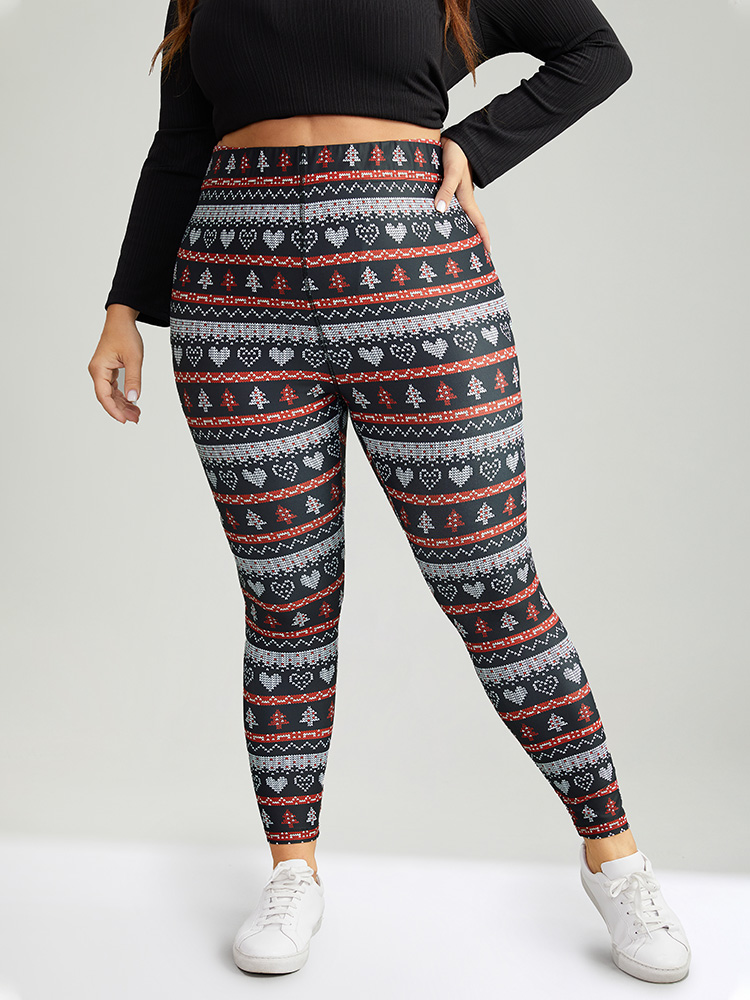 Plus Size Christmas Print Mid Rise Skinny Leggings Women BlackFlower Casual High stretch Skinny Mid Rise Festival-Christmas Leggings BloomChic 14-16/1X 