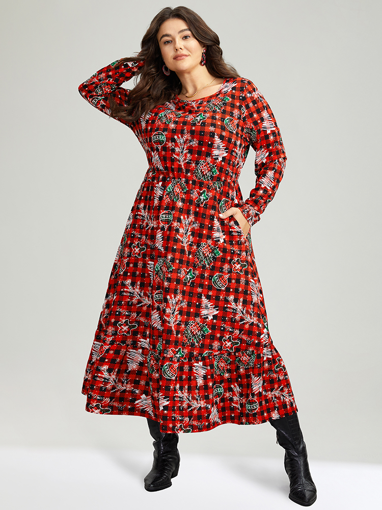 

Plus Size Gingham Crew Neck Pocket Elastic Waist Dress Red Women Casual Printed Round Neck Long Sleeve Curvy Midi Dress BloomChic