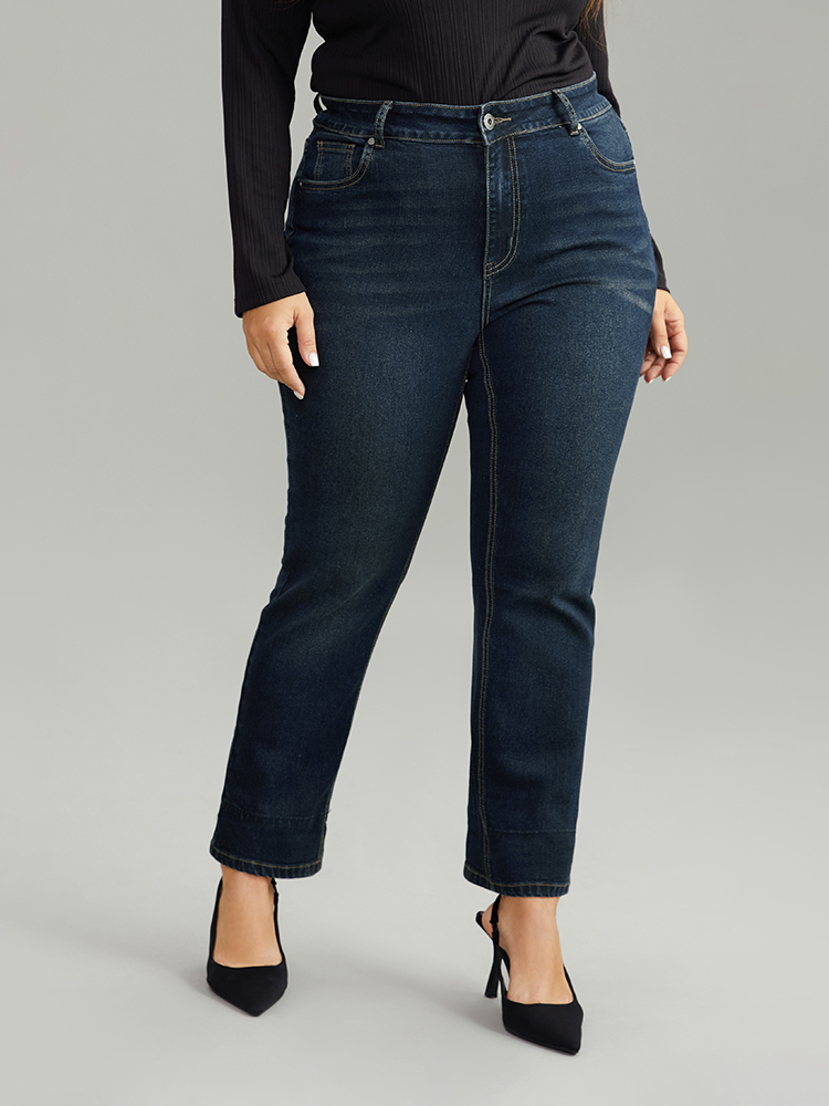Plus Size Plaid Roll Hem Straight Leg Jeans Women Midnight Casual Plaid Roll Hem High stretch Pocket Jeans BloomChic 18/2X 