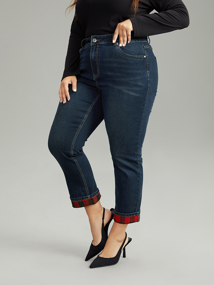 Plus Size Plaid Roll Hem Straight Leg Jeans Women Midnight Casual Plaid Roll Hem High stretch Pocket Jeans BloomChic 18/2X 