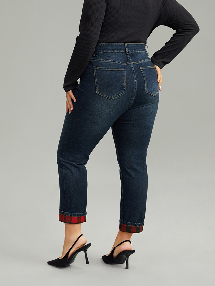 Plus Size Plaid Roll Hem Straight Leg Jeans Women Midnight Casual Plaid Roll Hem High stretch Pocket Jeans BloomChic 18/2X 
