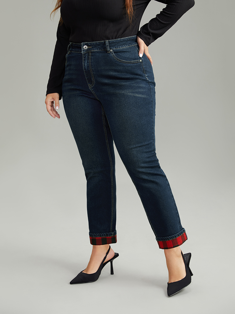 Plus Size Plaid Roll Hem Straight Leg Jeans Women Midnight Casual Plaid Roll Hem High stretch Pocket Jeans BloomChic 18/2X 