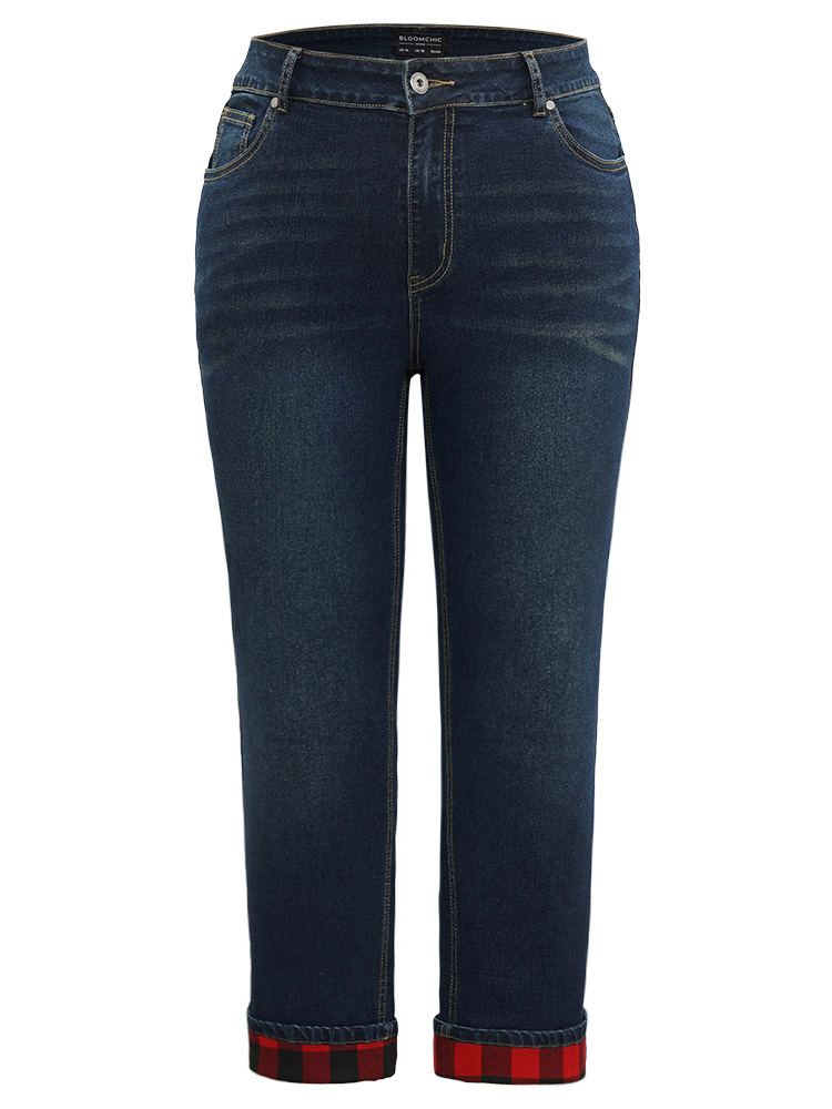 Plus Size Plaid Roll Hem Straight Leg Jeans Women Midnight Casual Plaid Roll Hem High stretch Pocket Jeans BloomChic 18/2X 