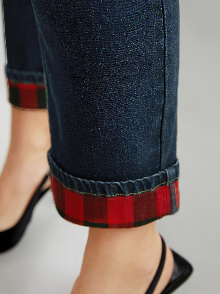 Plus Size Plaid Roll Hem Straight Leg Jeans Women Midnight Casual Plaid Roll Hem High stretch Pocket Jeans BloomChic 18/2X 