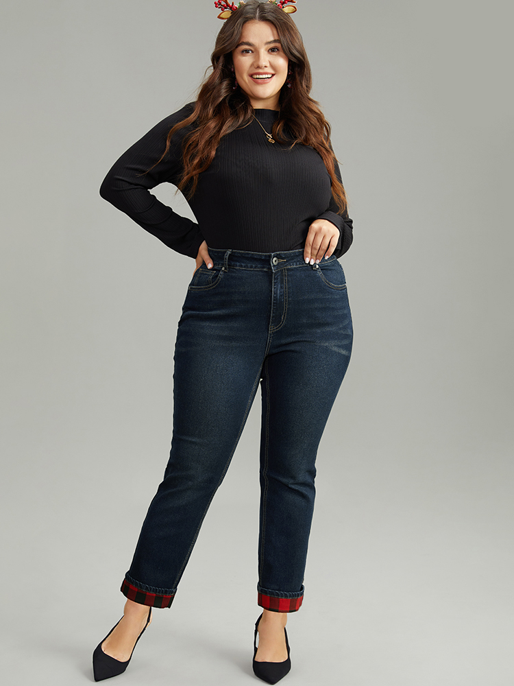 Plus Size Plaid Roll Hem Straight Leg Jeans Women Midnight Casual Plaid Roll Hem High stretch Pocket Jeans BloomChic 18/2X 