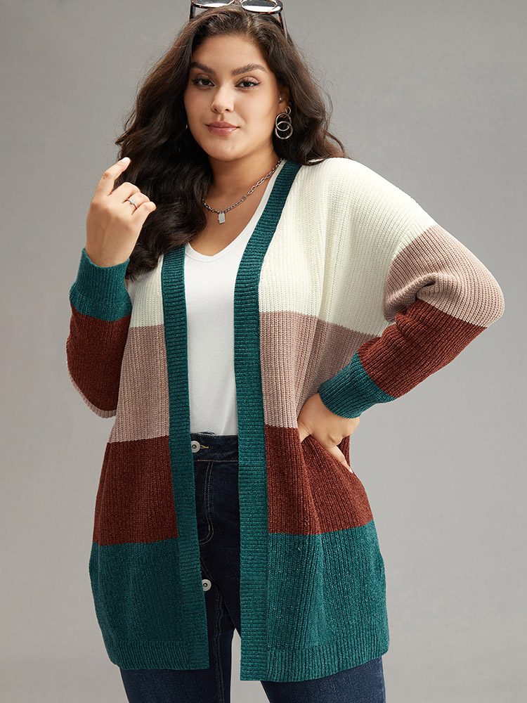 

Plus Size Colorblock Contrast Open Front Cardigan Multicolor Women Casual Loose Long Sleeve Festival-Christmas Cardigans BloomChic