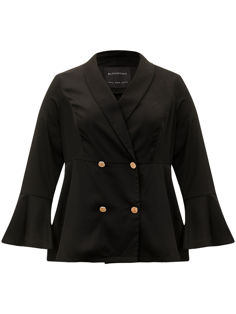 

Plus Size Plain Ruffles Button Up Blazer Black Women Dailywear Plain Plain Ruffle Sleeve Long Sleeve Lapel Collar  Casual Blazers BloomChic