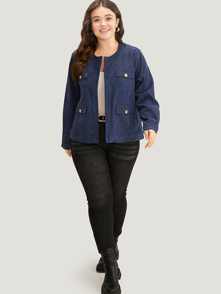 Plus Size Vintage Buckle Detail Pocket Open Front Corduroy Coat Women Indigo Casual Plain Ladies Dailywear Winter Coats BloomChic 14-16/1X 