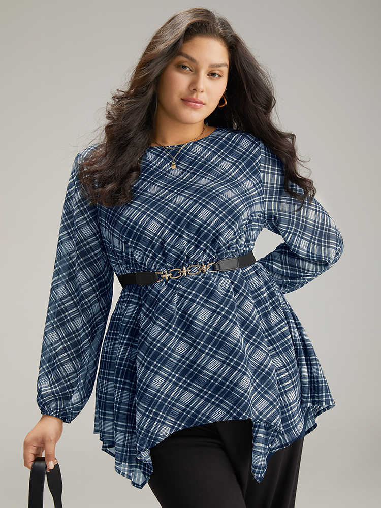 

Plus Size Indigo Plaid Chiffon Lantern Sleeve Hanky Hem Blouse Women Office Long Sleeve Round Neck Work Blouses BloomChic