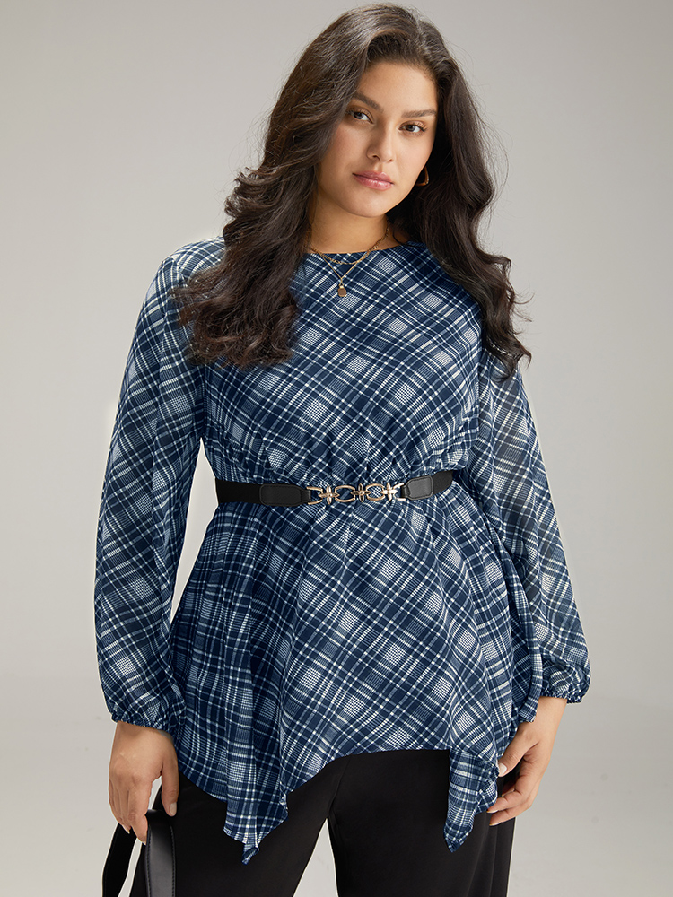 Plus Size Indigo Plaid Chiffon Lantern Sleeve Hanky Hem Blouse Women Office Long Sleeve Round Neck Work Blouses BloomChic 22-24/3X 