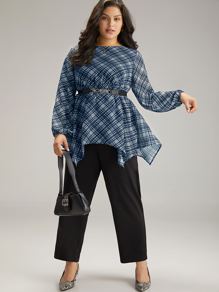 Plus Size Indigo Plaid Chiffon Lantern Sleeve Hanky Hem Blouse Women Office Long Sleeve Round Neck Work Blouses BloomChic 22-24/3X 