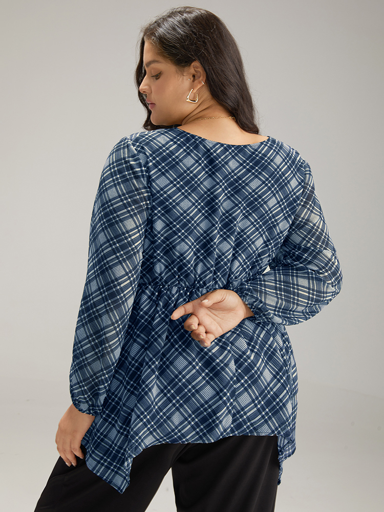 Plus Size Indigo Plaid Chiffon Lantern Sleeve Hanky Hem Blouse Women Office Long Sleeve Round Neck Work Blouses BloomChic 22-24/3X 