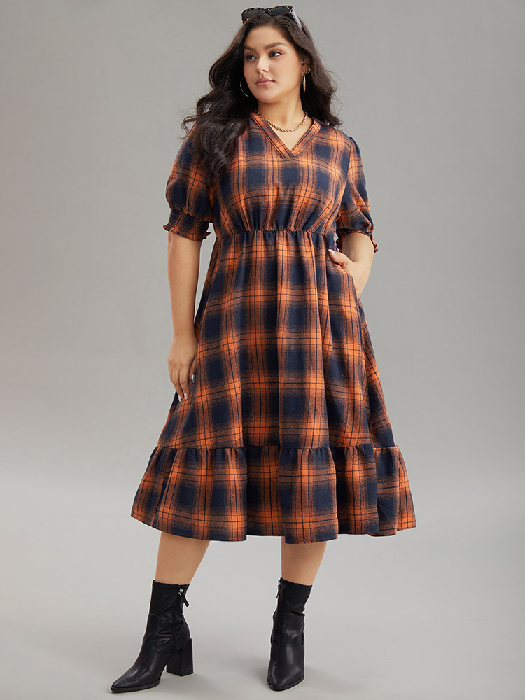 

Plus Size Plaid Shirred Ruffles Pocket Dress Orange Women Elegant Printed V-neck Short sleeve Curvy Midi Dress BloomChic