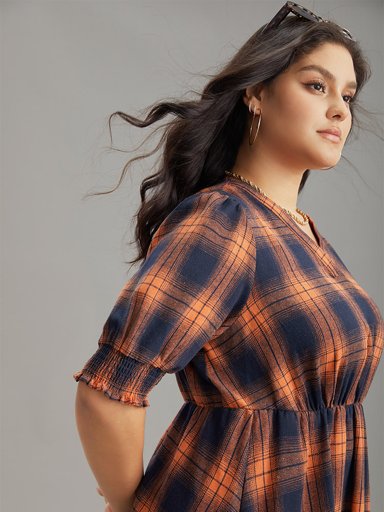 

Plus Size Plaid Shirred Ruffles Pocket Dress Orange Women Elegant Printed V-neck Short sleeve Curvy Midi Dress BloomChic