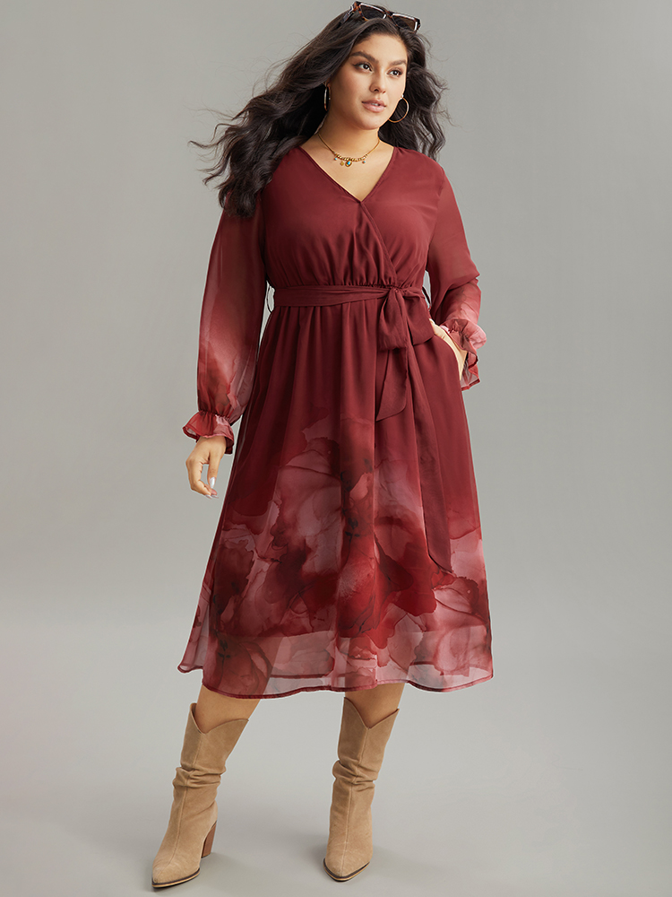 

Plus Size Floral Mesh V Neck Belted Dress Scarlet Women Vacation Wrap Overlap Collar Long Sleeve Curvy Midi Dress BloomChic