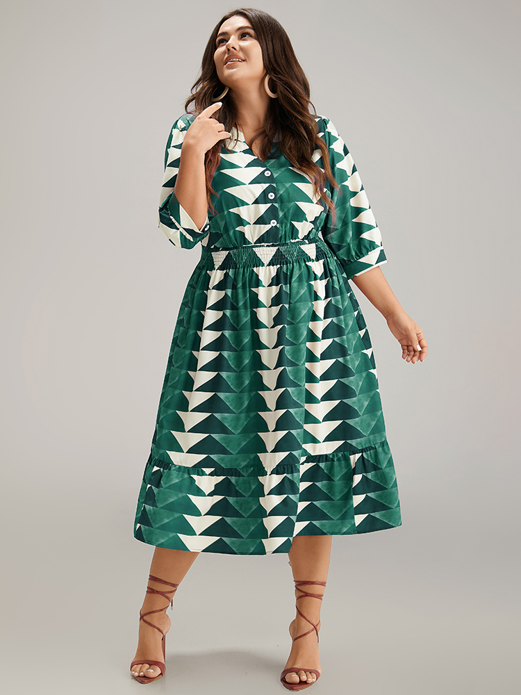 

Plus Size Geometric Shirred Button Up Ruffle Hem Dress Aegean Women Vacation Printed Notched collar Elbow-length sleeve Curvy Midi Dress BloomChic