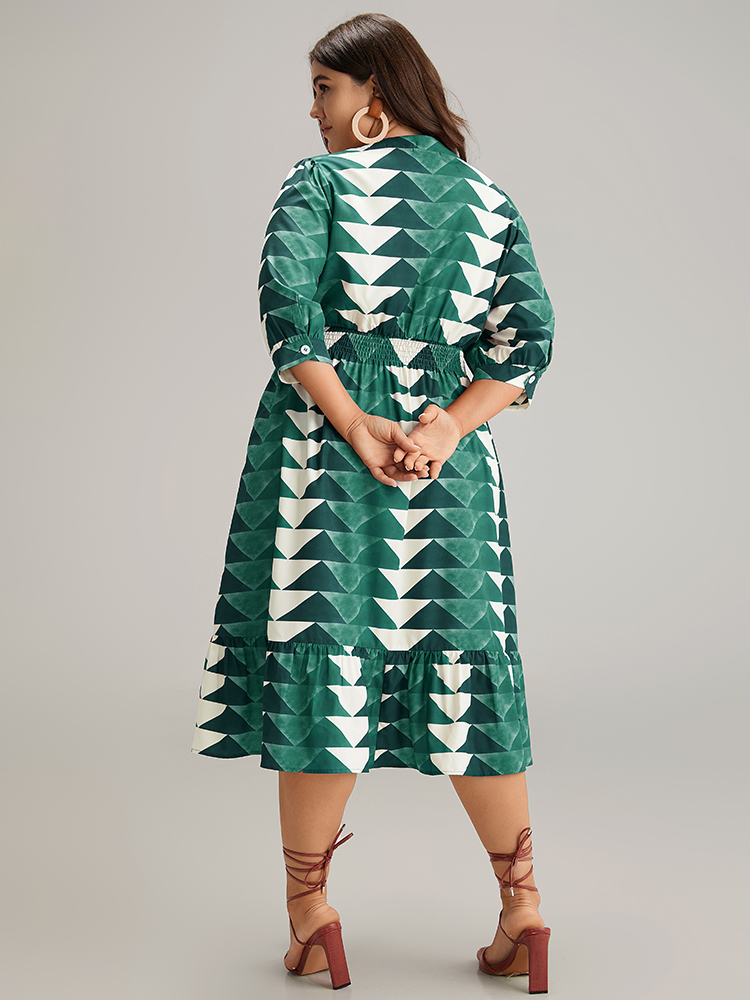 Plus Size Geometric Shirred Button Up Ruffle Hem Dress Aegean Women Vacation Printed Notched collar Elbow-length sleeve Curvy Midi Dress BloomChic 30/6X 