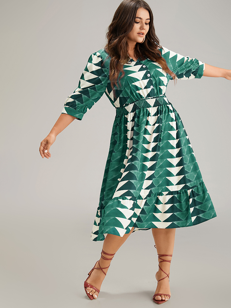 Plus Size Geometric Shirred Button Up Ruffle Hem Dress Aegean Women Vacation Printed Notched collar Elbow-length sleeve Curvy Midi Dress BloomChic 30/6X 