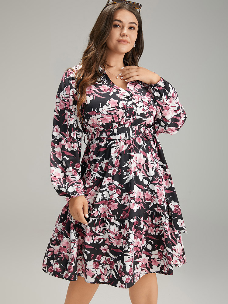 Plus Size Women Dailywear Floral Button Lantern Sleeve Long Sleeve V-neck Pocket Belt Elegant Dresses BloomChic 