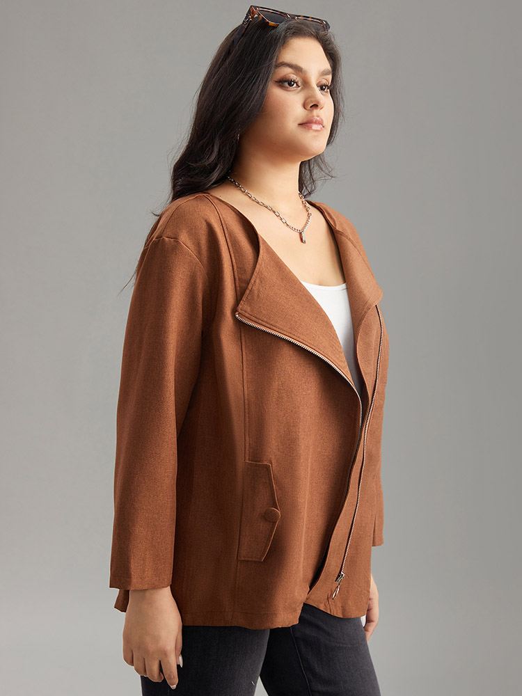 

Plus Size Plain Asymmetrical Neck Zipper Jacket Women Chocolate Zipper Dailywear Jackets BloomChic