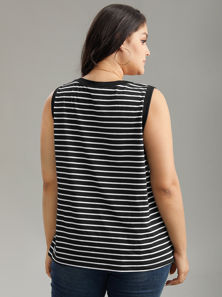 Plus Size V Neck Striped Contrast Trim Tank Top Women Black Casual Contrast V-neck Dailywear Tank Tops Camis BloomChic 30/6X 
