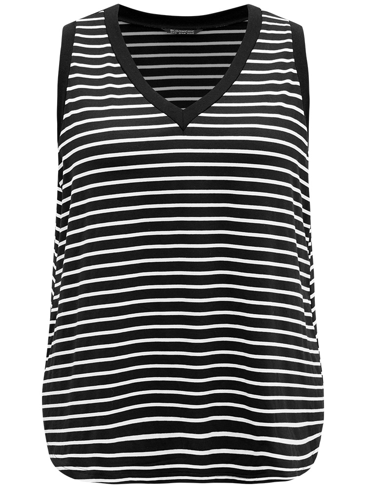 Plus Size V Neck Striped Contrast Trim Tank Top Women Black Casual Contrast V-neck Dailywear Tank Tops Camis BloomChic 30/6X 