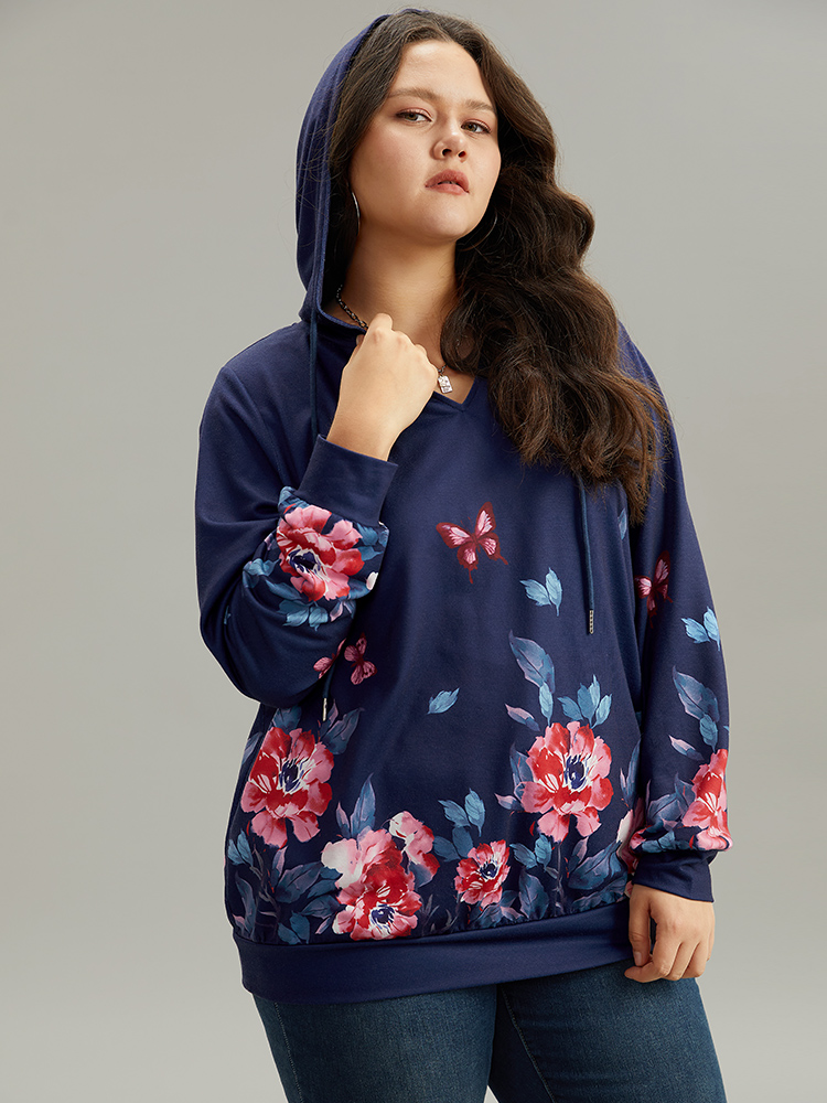 Plus Size Women Dailywear Floral Printed Regular Regular Sleeve Long Sleeve Hooded Casual Sweatshirts BloomChic 