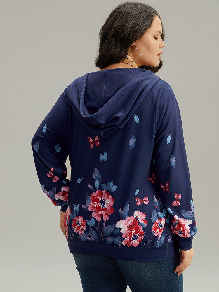 Plus Size Women Dailywear Floral Printed Regular Regular Sleeve Long Sleeve Hooded Casual Sweatshirts BloomChic 