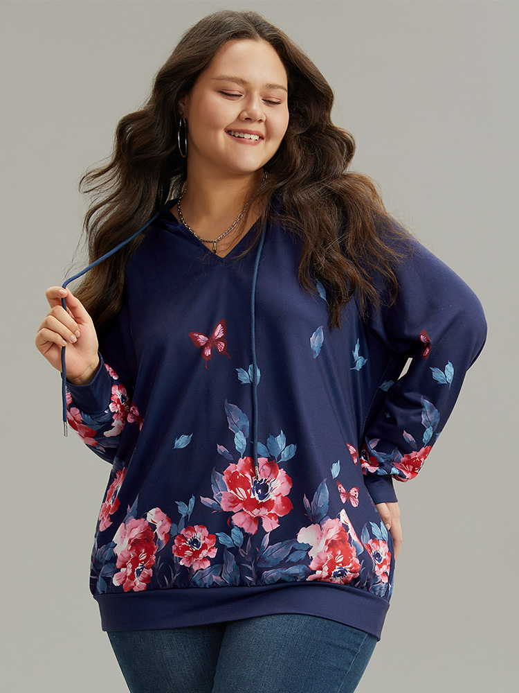 Plus Size Women Dailywear Floral Printed Regular Regular Sleeve Long Sleeve Hooded Casual Sweatshirts BloomChic 